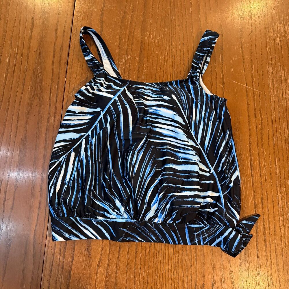 Maxine of Hollywood Tankini Swim Top Black Blue Palm Leaf Print Women's Size L